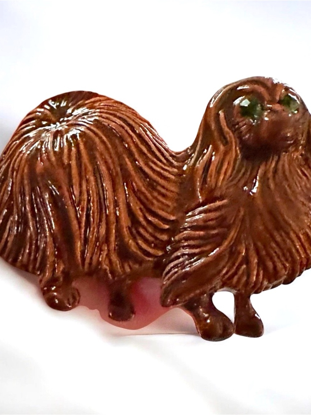Vintage Signed Gerry's Brown Enamel Pekingese Dog Brooch Pin Rhinestone Eyes